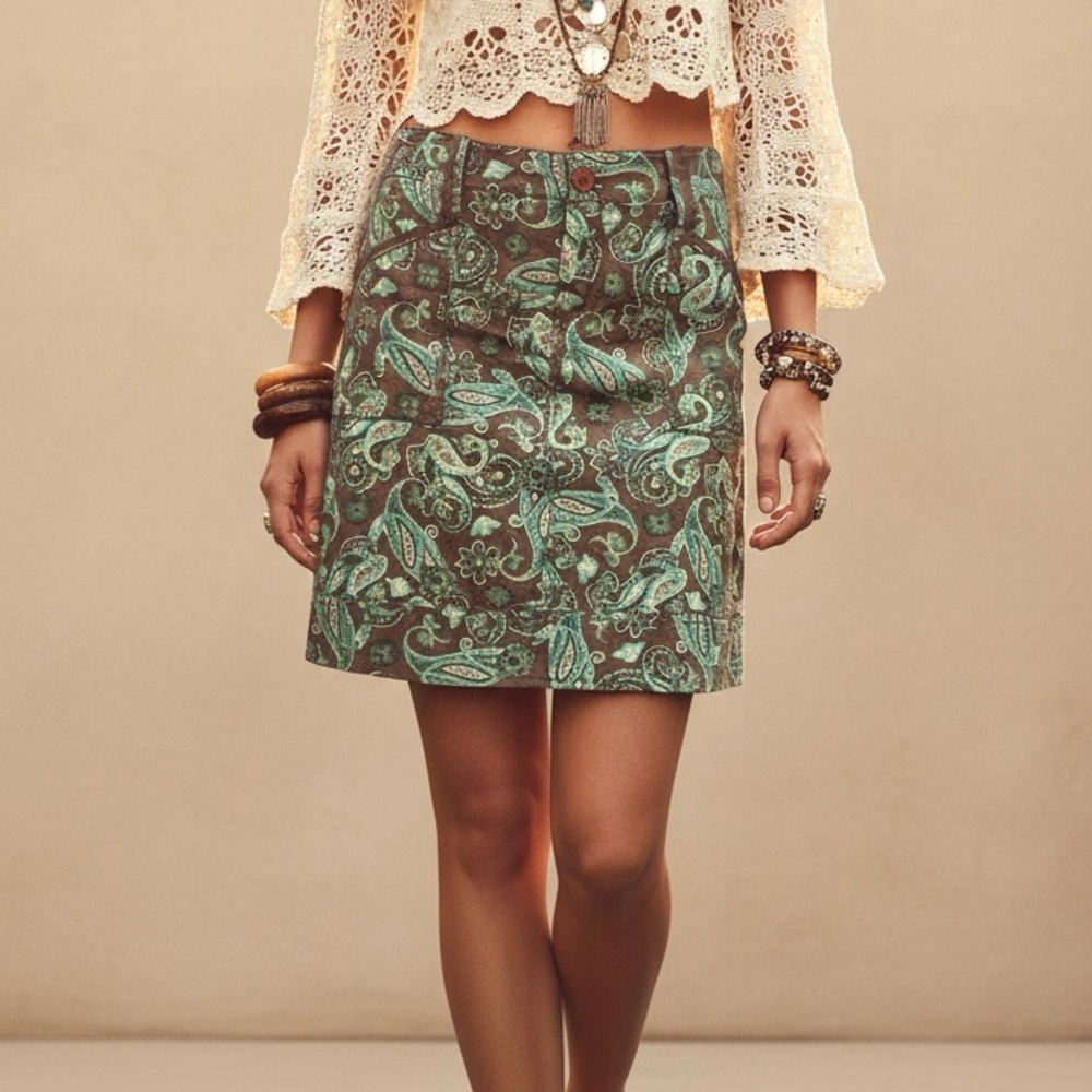 AVENTURA Paisley Print Organic Cotton Brown Teal Green Cargo Skirt 6